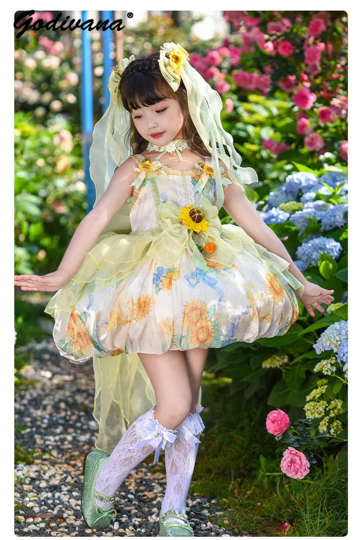 

Sweet Baby Girls Floral Fairy Princess Lolita Dress 2026 New Summer Fashion Kids Bow Train Sleeveless Bud Tulle Birthday Dress