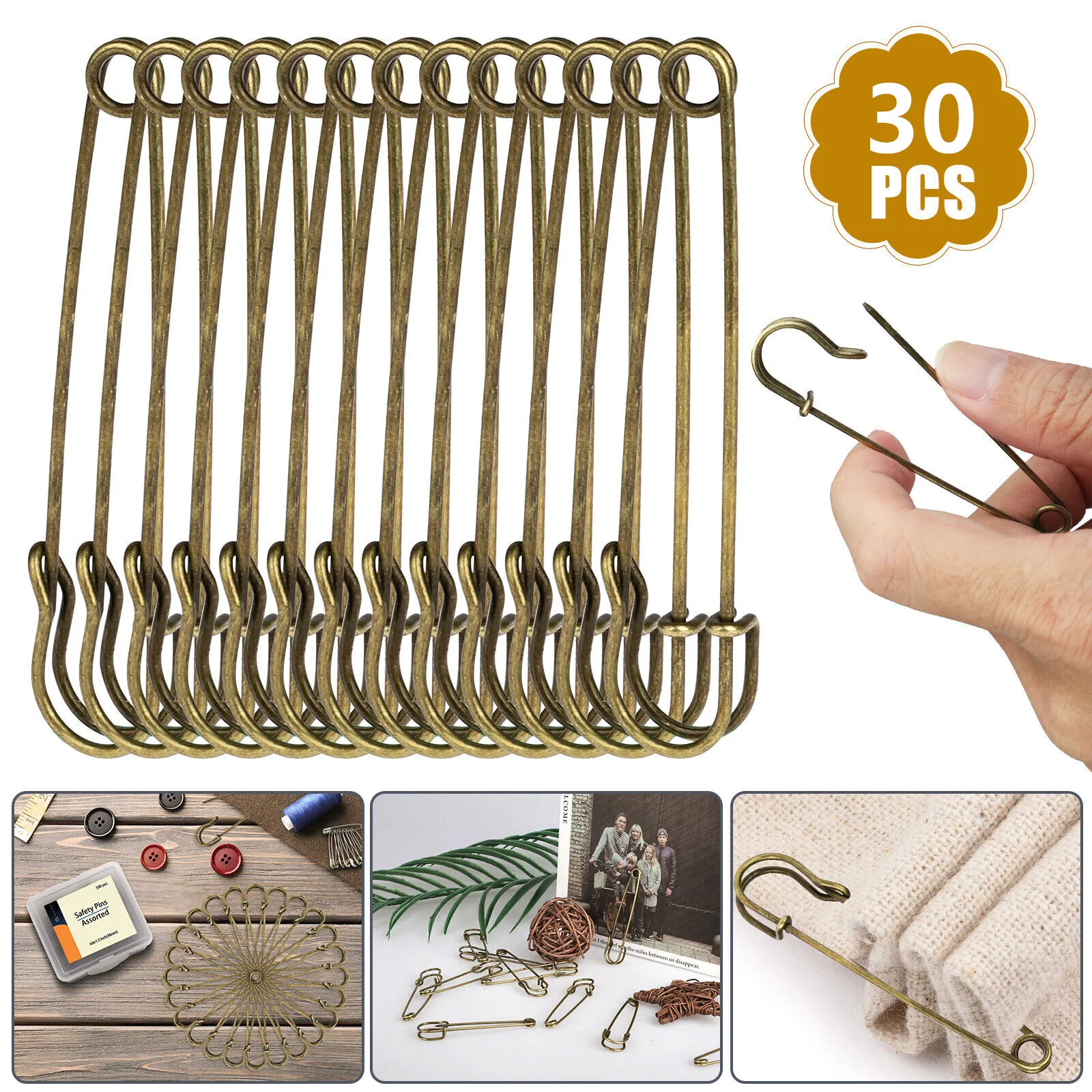 30Pcs Safety Pins Large Electroplating Pins Heavy Duty Stainless Steel Sewing Crafting Jewelry Tool Bulk Steel Spring Lock Pins