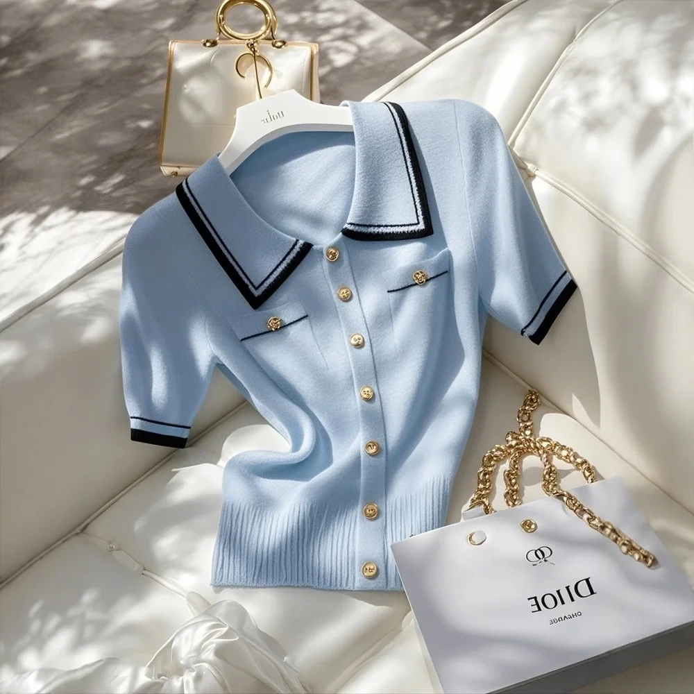 قميص نسائي صيفي أنيق بياقة بولو وأكمام قصيرة من Oule، تصميم فريد بألوان متباينة عالي الجودة ومريح وقابل للتنفس #3