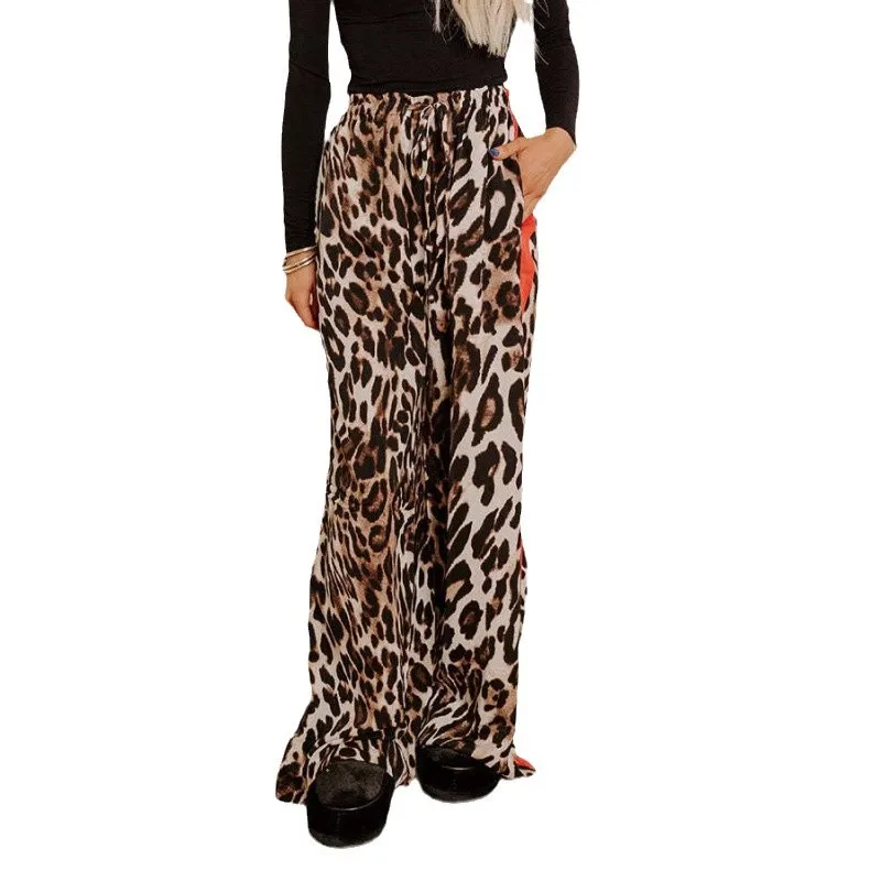 2025 New Casual Women's Trousers Leopard Print Splicing Temperament Loose Europe and The United States