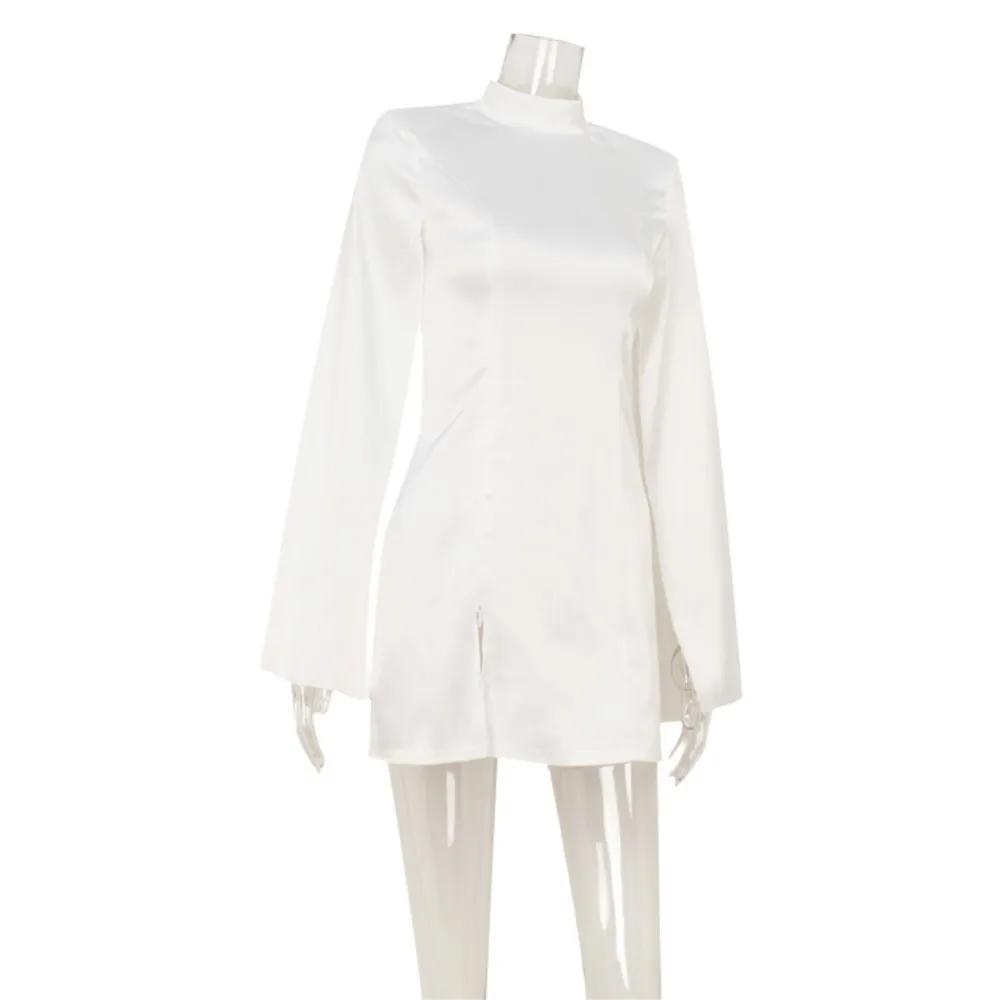 Fashionable Long-sleeved Slit Dress Spring Summer New Women's Half Turtleneck Waist Hot Girl White Dress Vestidos Para Mujer