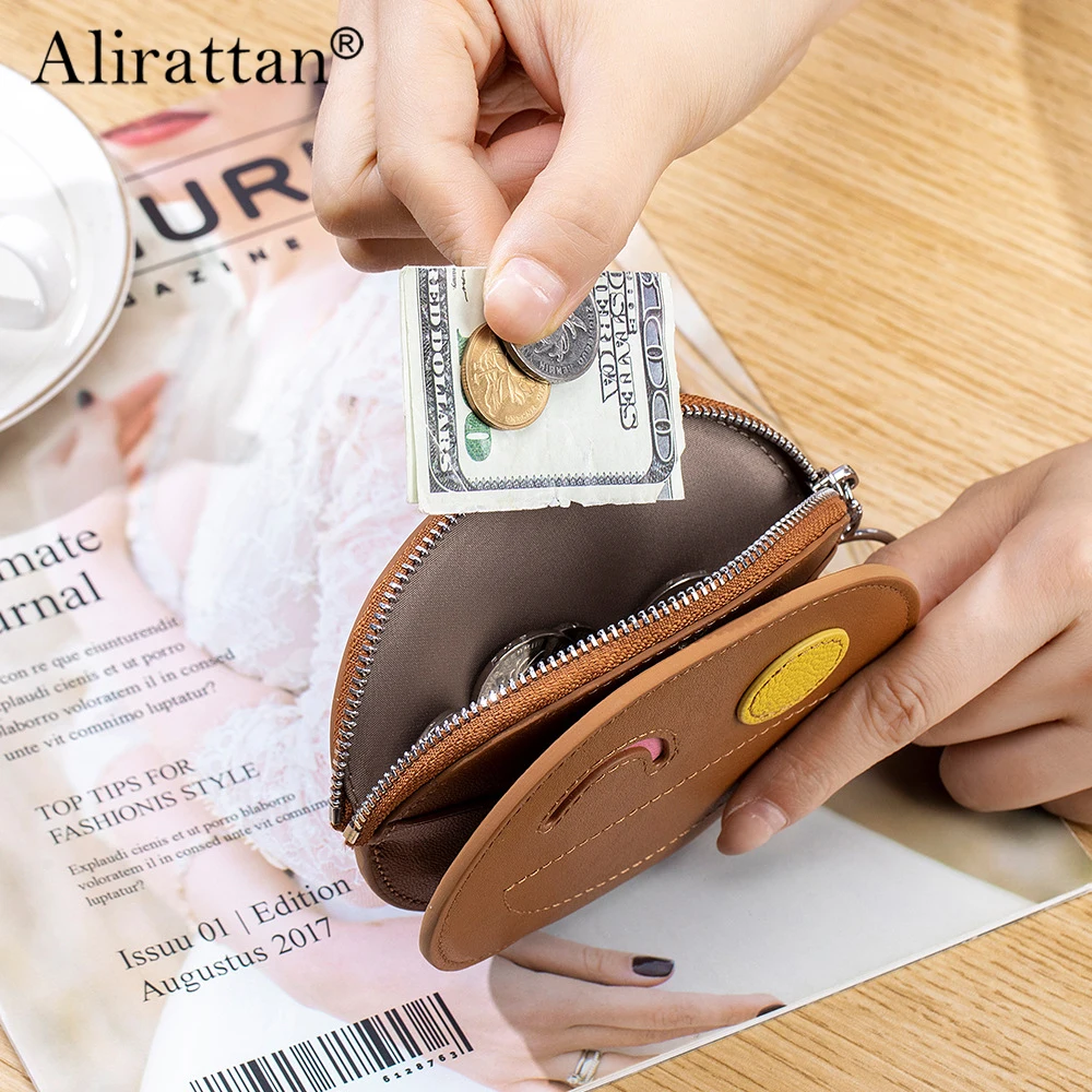 Alirattan 2025 New Cute Smiling Face Coin Purse Women's Genuine Leather Creative Card Bag Cowhide Wallet Storage Bag