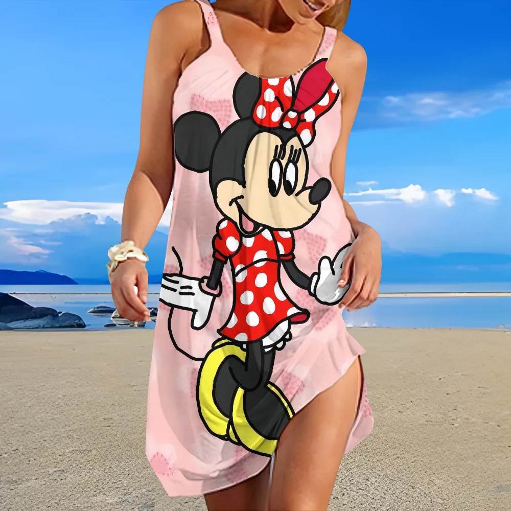 

Comfortable round neck sleeveless women's knee-length dress Disney character pattern printed beach style summer suspender skirt