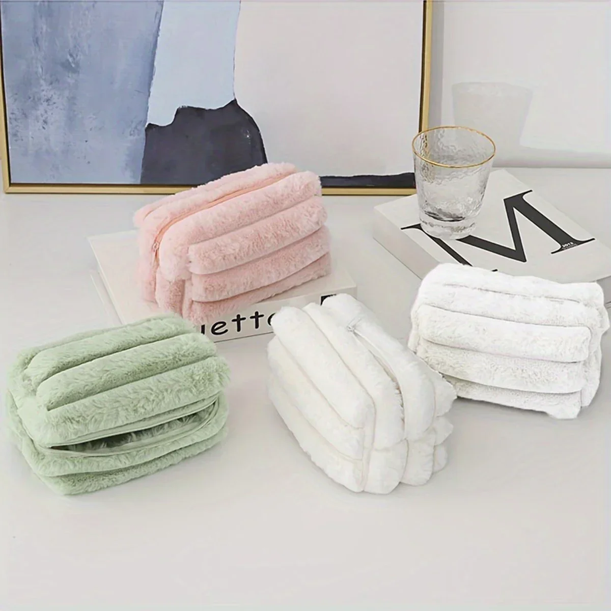 A New Solid-color High-appearancy-level Girlish Thick-striped Candy-colored Large-capacity Plush Cosmetic Bag Storage Bag