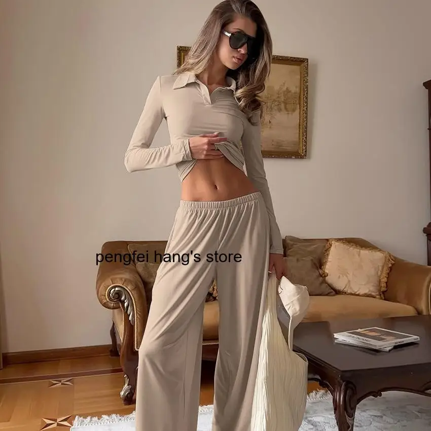 

2026 Summer Women Knit Pajama Set Soft Skin-Friendly Long Sleeve Long Pants Loose European Casual Home Sleep Loungewear