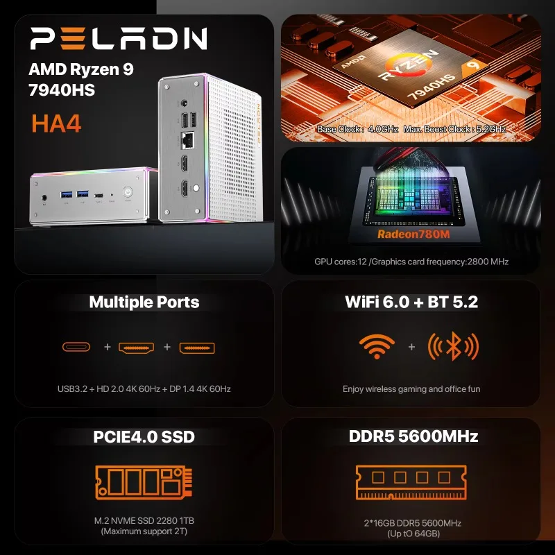 Peladn AMD Ryzen9 7940HS 32GB DDR5 1TB SSD محمول AI Mini PC R9 7940HS Wifi6.0 BT5.2 كمبيوتر صغير للألعاب سطح المكتب لنظام التشغيل Windows 11