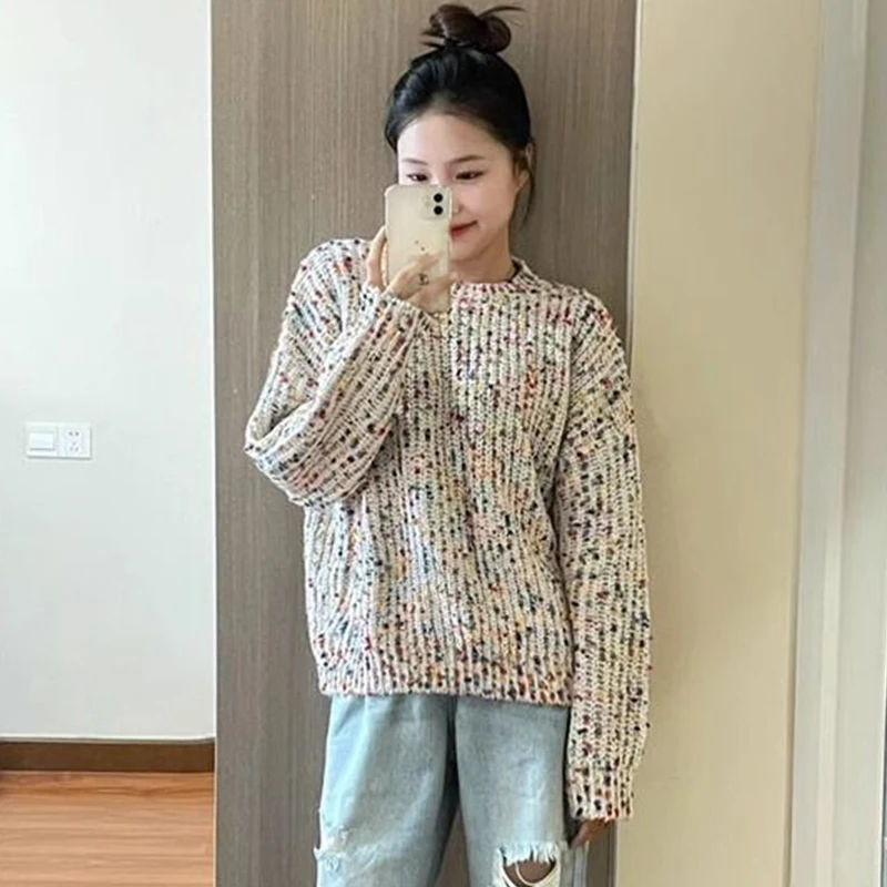 

Female Colorful Dot Pullover Knitted Sweater 2023 Women's O-Neck Loose Sweater Autumn Winter Long Sleeve Casual Bottom Sweater