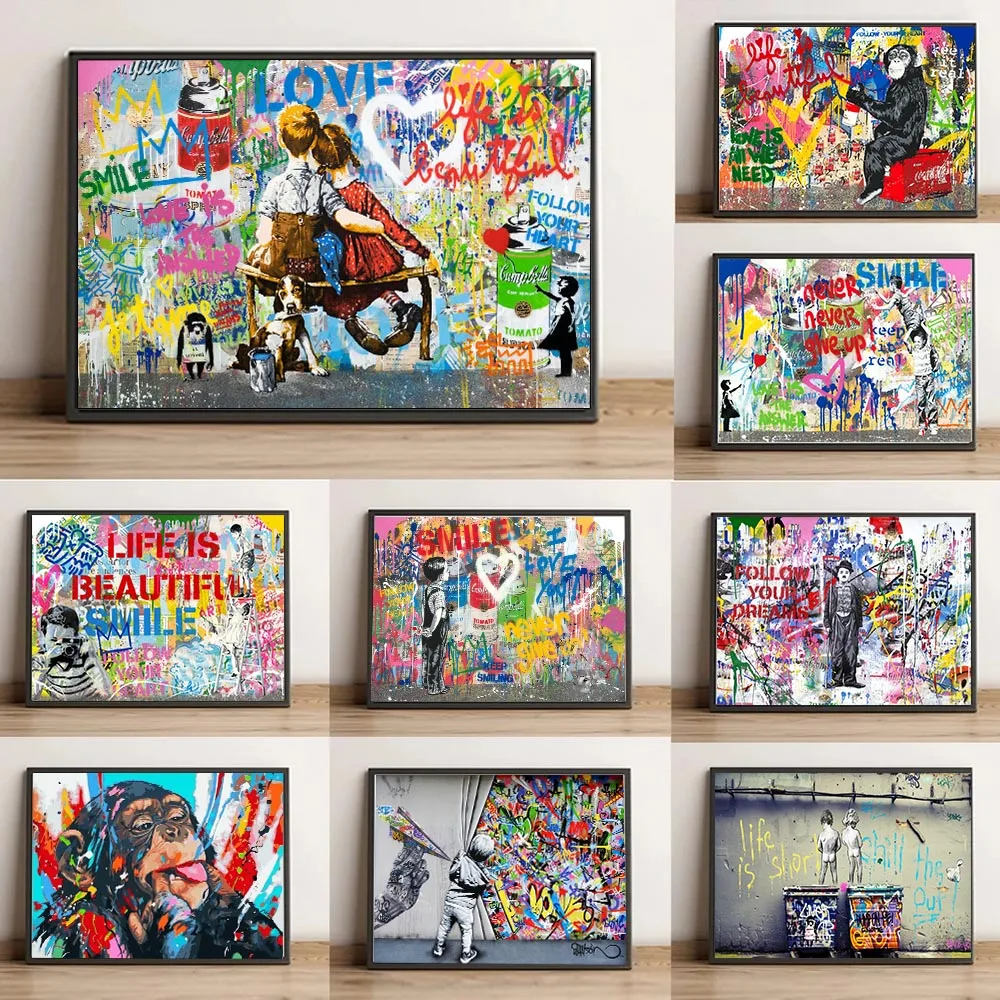 Бэнкси Арт Граффити Поп Холст Картина Воздушный Шар Девушка Плакаты И Принты Улица Абстрактная Любовь Настенное Искусство Домашний Декор Фреска Без Рамы