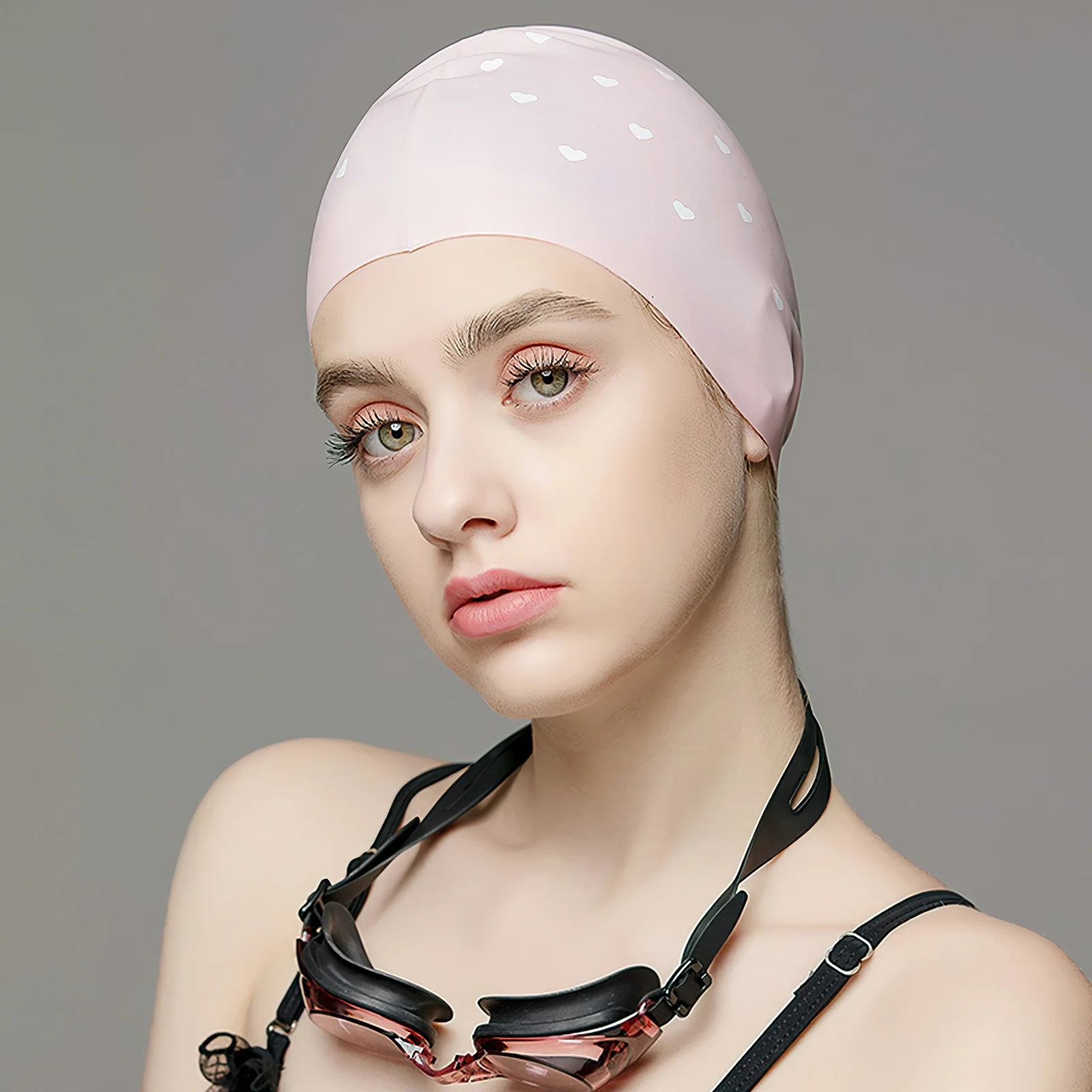

Pink Heart Pattern Elastic Silicone Swimming Cap Waterproof Pool Hat for Long Hair Ear Protection Swimming Cap