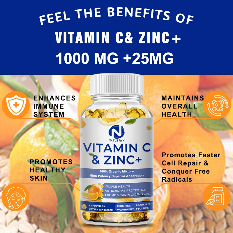 100% Organic Mixture Vitamin C + Zinc Capsule - High Absorption -  Immune Support  - Powerful Antioxidant & Energy Production