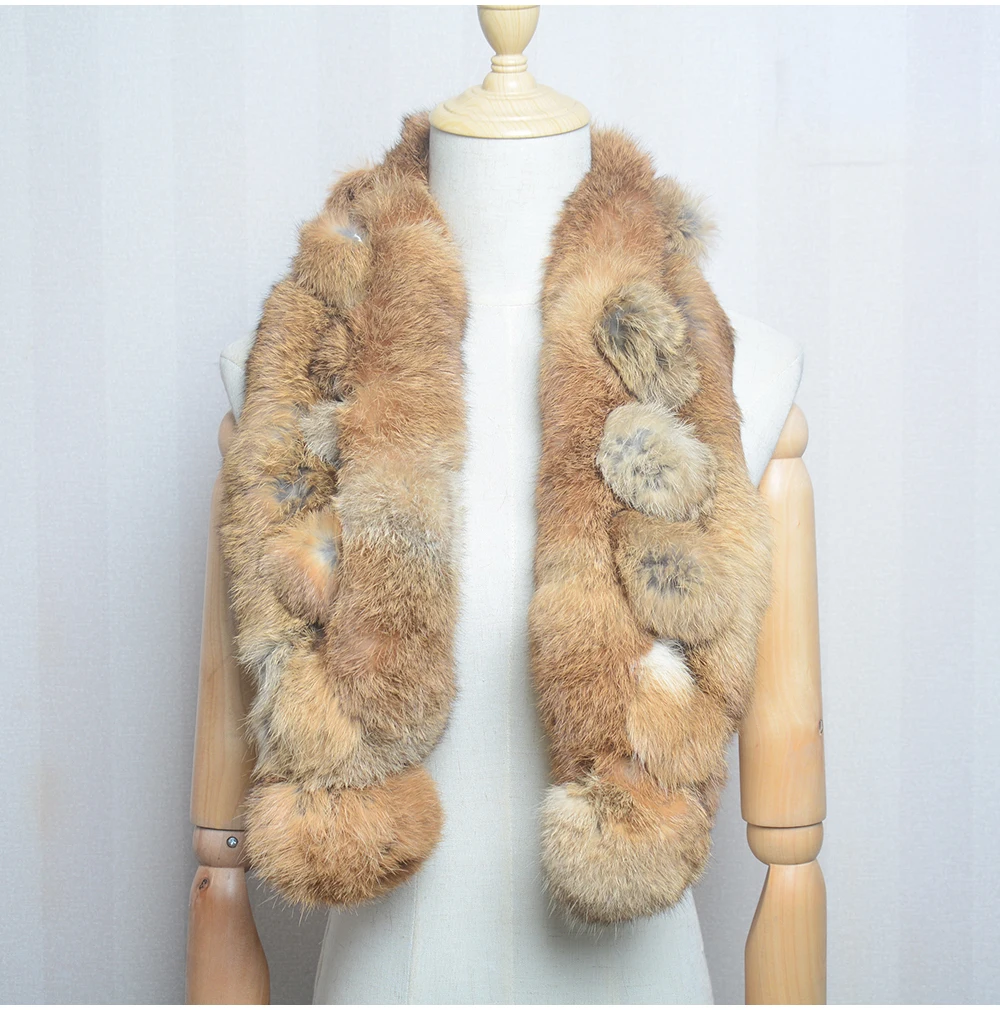 Women Winter Rabbit Fur Scarf 100% Natural Rabbit Fur Fashion warm And Soft Neckerchief Wholesale Pompoml Fur Scarves Headbands