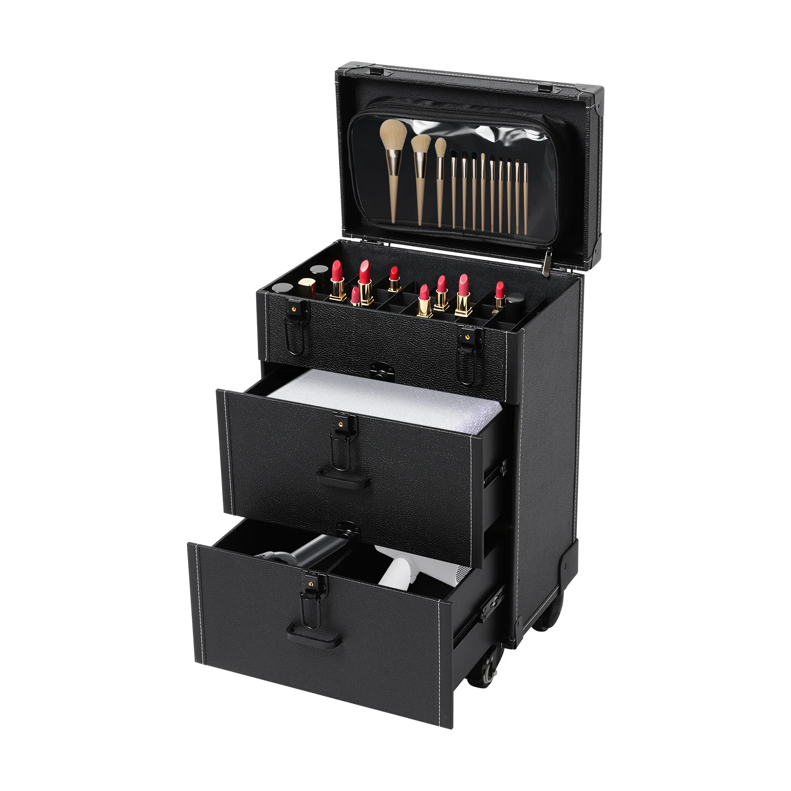 

Professional Rolling Makeup Train Case Aluminum Cosmetic Trolley with Universal Wheels for Nail Art Tattoo