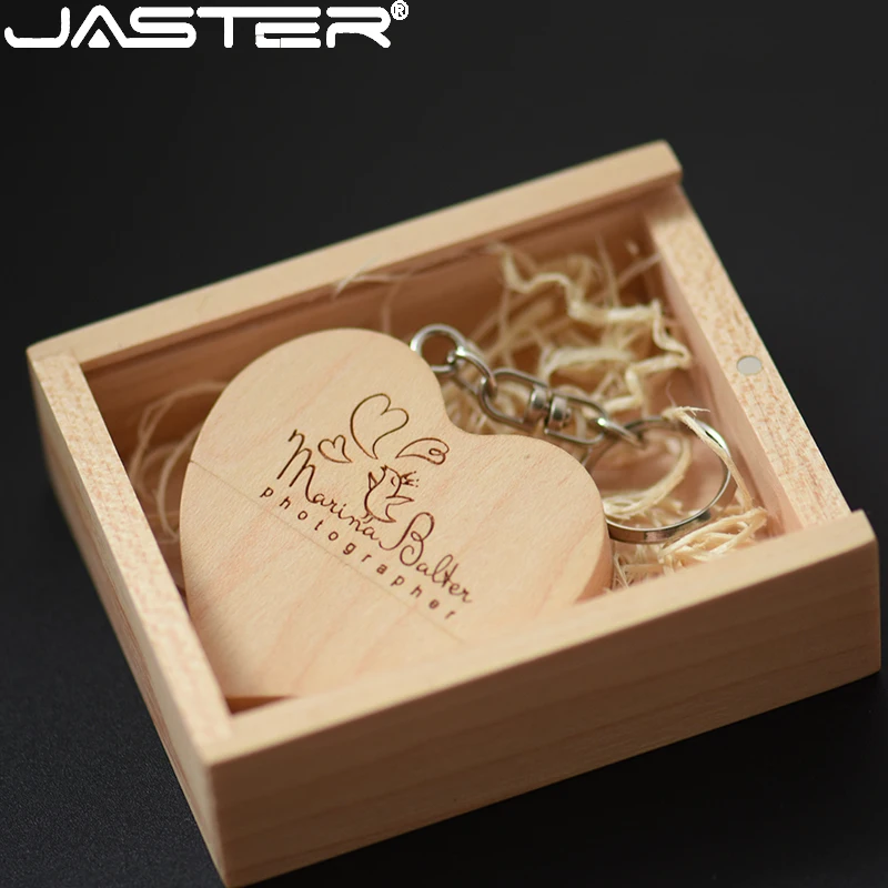 JASTER Wood Heart USB 2.0 Flash Drives 128GB Free Custom Logo Memory Stick64GB with Wooden Box Pen Drive 32GB with Free Key Ring