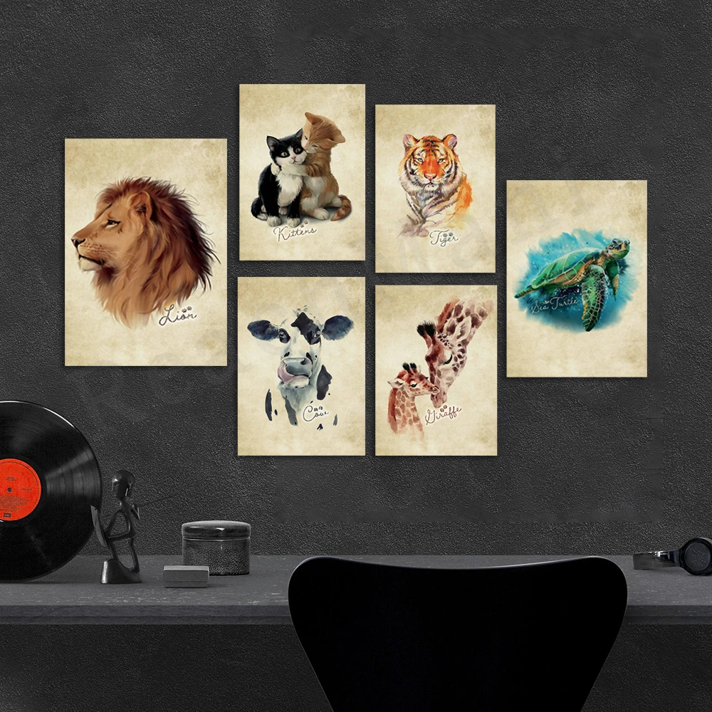 Kittens  Polar Bears Chicken  Giraffe Elephant Cow Modern Canvas Painting Print Vintage Animal  Posters Wall Art Picture