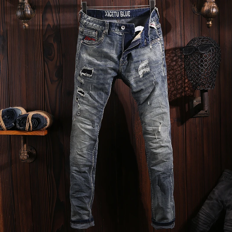 

Street Fashion Men Jeans Retro Washed Blue Stretch Slim Fit Ripped Jeans Men High Quality Patched Designer Vintage Denim Pants