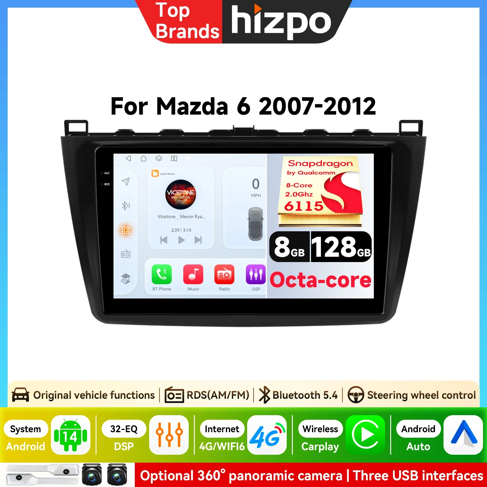 Hizpo 9 inch Wireless CarPlay Android Auto Car Radio for Mazda 6 Rui GH 2008 - 2015 2 DIN Multimedia Stereo with Cooling Fan GPS Navigation SWC Bluetooth FM RDS DSP IPS QLED Screen Car Intelligent Systems 4G WiFi 8 Core Automotive Head Unit Video Audio BT