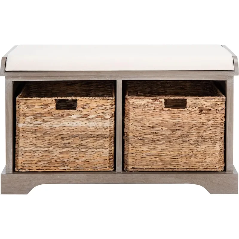 Freddy 2-Basket Storage Bench White Washed Solid Wood Coastal Basket Storage Design Ideal for Entryway Living Room Hallway 18