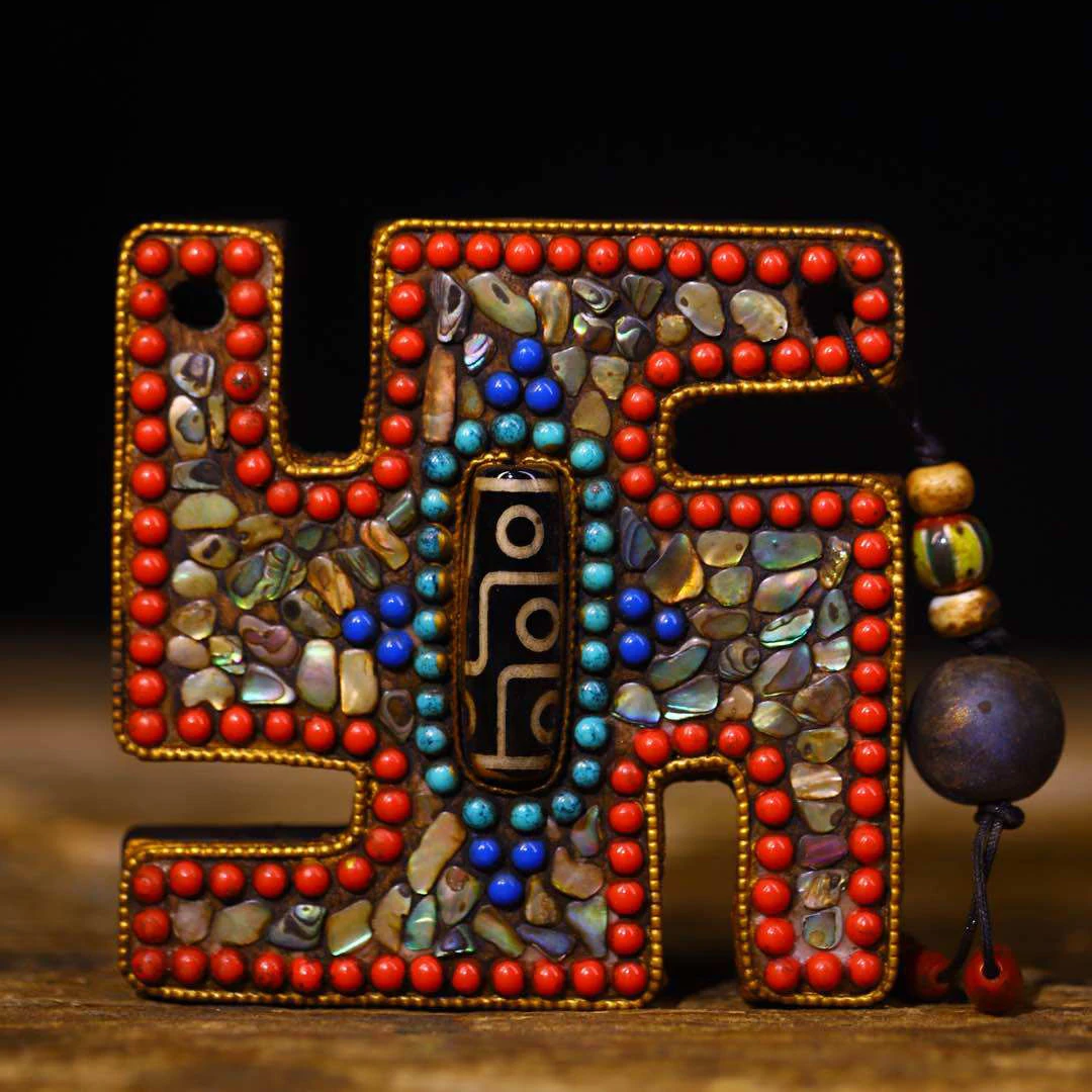 Nepal Handmade Black Iron Swastika Pendant Gem Agate Dzi Bead Tibetan Buddhist Amulet Charm
