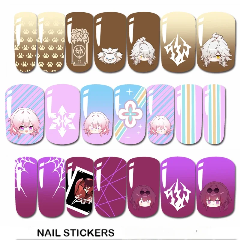 14 unid/set Honkai Star Rail Jing Yuan Kafka Merch 7th Bailu pegatinas de uñas Simple Chibi cabeza grande Kawaii juego Merch calcomanías de uñas