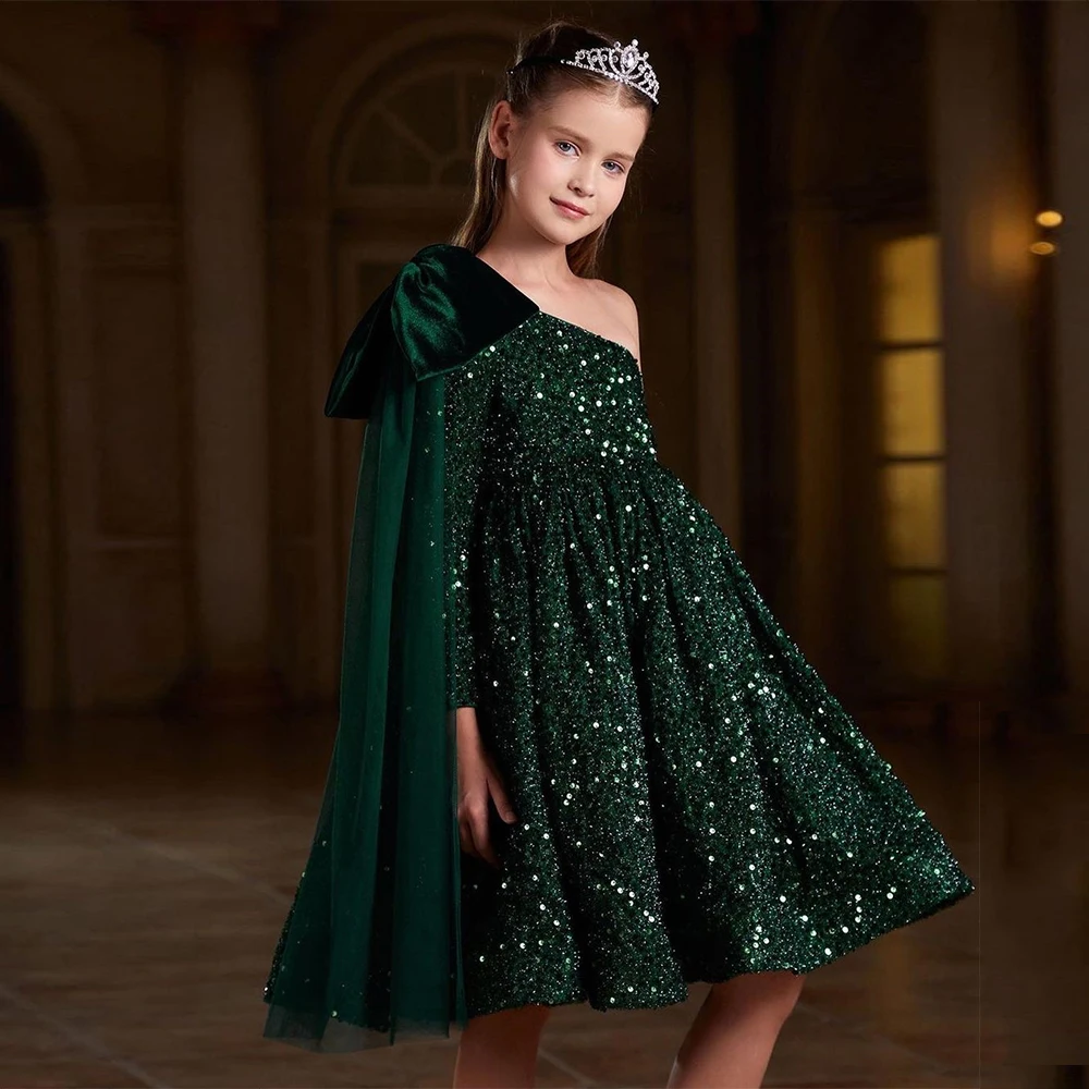 Green Flower Girls Dresses with Sequined A Line 2025 Scoop Full Sleeve Christmas Gowns for Princess New فلور فتاة اللباس Winter