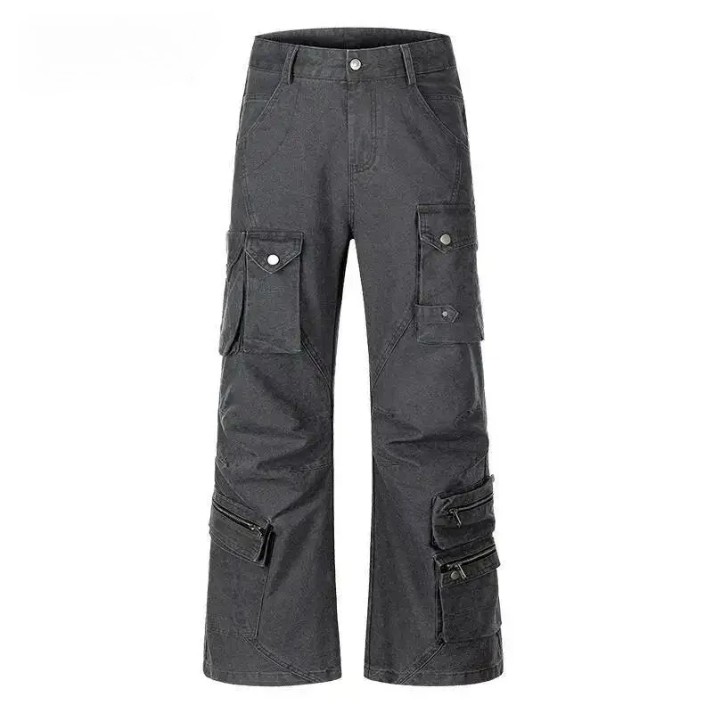 Streetwear Men's Cargo Pants Multi Pocket Zipper Detail Dark Gray Wide Leg Casual Streetwear Trousers