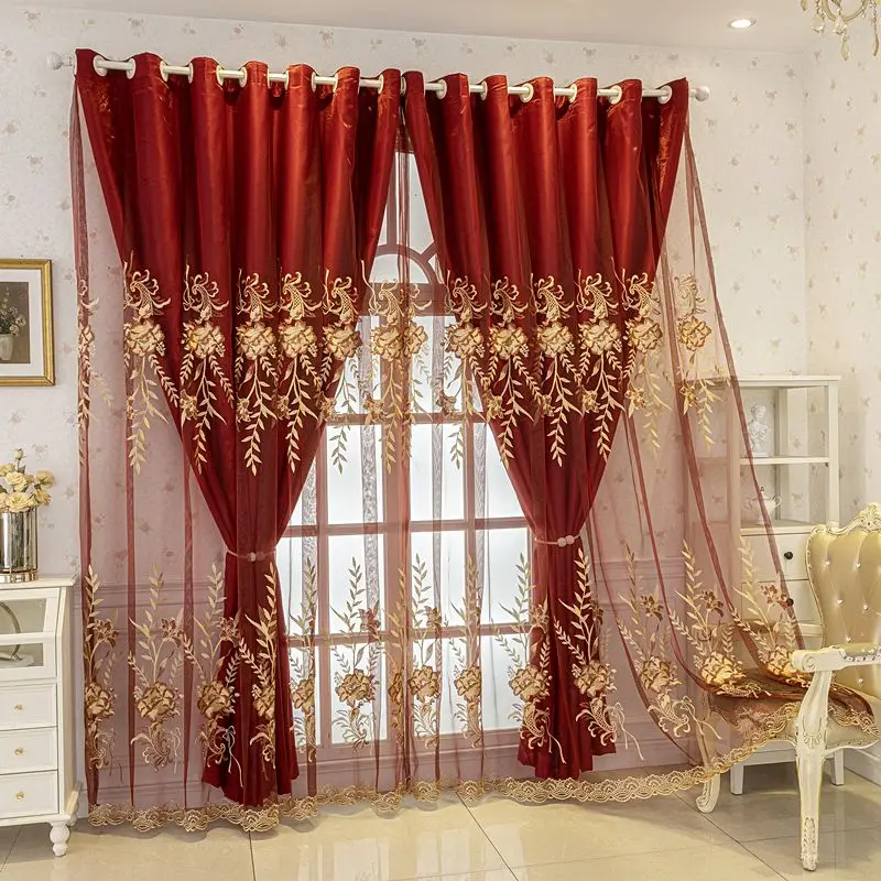 Luxury Royal Jacquard Embroidery Double Layer Curtain Red Blackout + Sheer Voile with Gold Pattern for Living Room Bedroom
