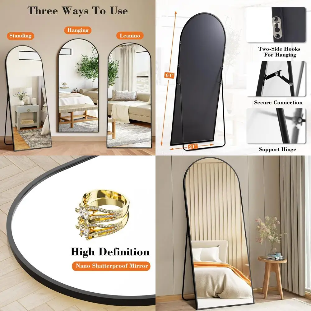 Specchio ad arco da terra, 64x21, struttura in alluminio, per camera da letto, soggiorno e decorazioni per la casa, nano vetro infrangibile, nero