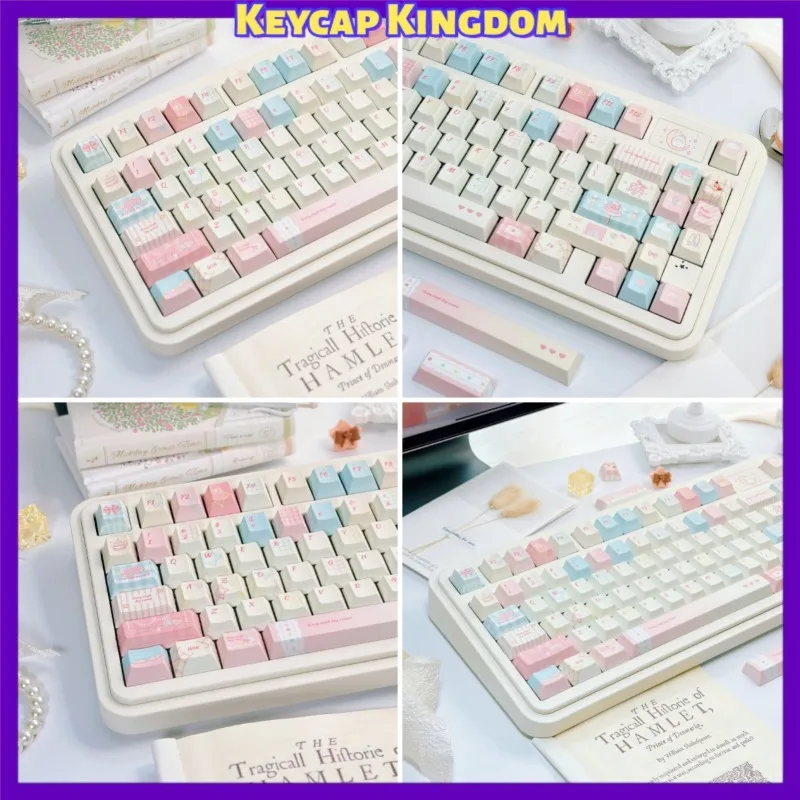 Kawaii Sweet Pink Plaid Bow PBT Keycaps Cherry Profile 5-Side Dye Sub Wearproof MX Cross Stem Keycaps For 60 65 75 Alice KBD
