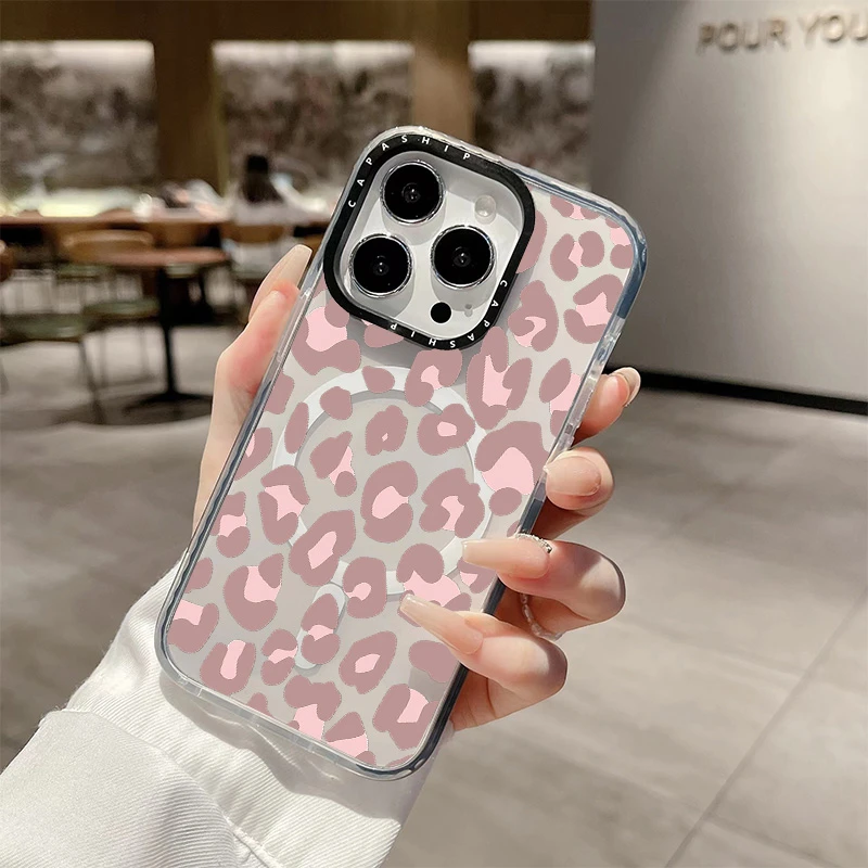 Fashion Pink Leopard Print Clear Case For Iphone 11 12 13 15 16 Pro Max Wireless Magnetic Charging Soft 14 Plus Shockproof Cover