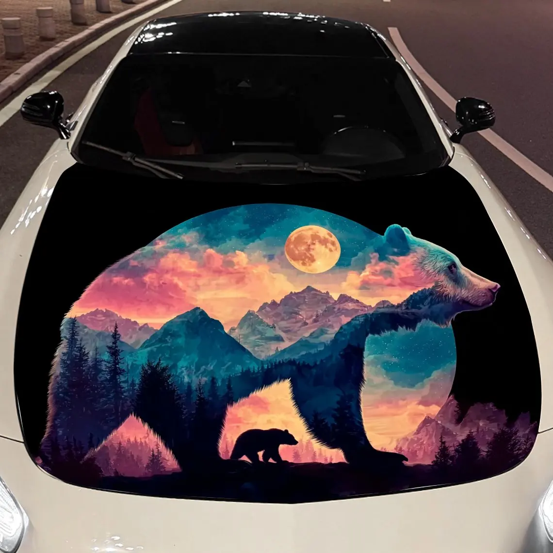 

The bear amidst the layered mountains Car hood packaging sticker, PVC material, self-adhesive waterproof, anti-slip paint, car e
