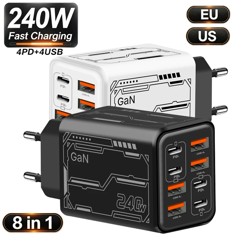 Image of 8-in-1 GaN Desktop USB-Handy-Ladegerät 240W PD Schnellladegerät 4PD 4USB für iPhone 16 15 Pro Samsung Xiaomi EU US Stecker Netzadapter