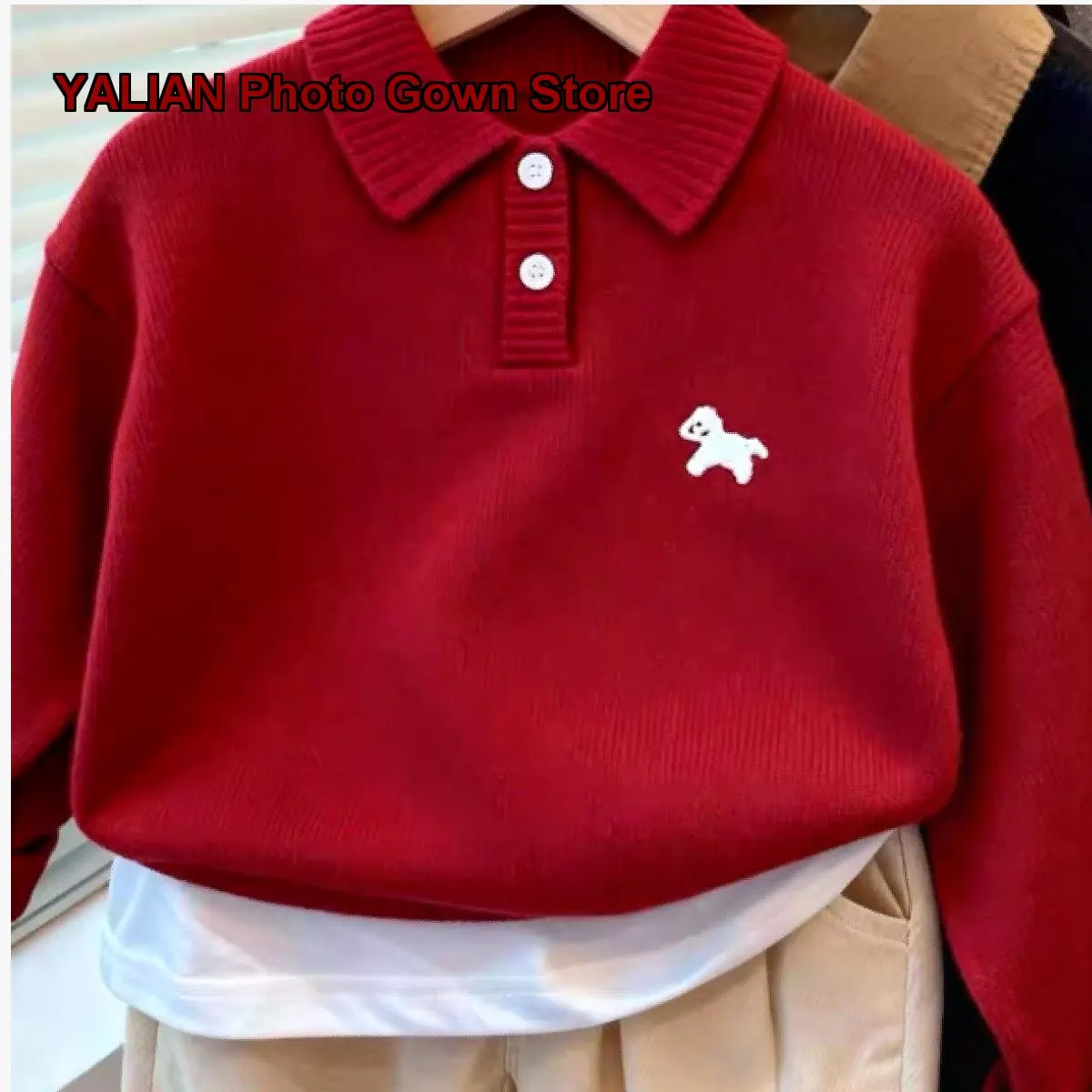 Boys Knit Top Kids Autumn Winter Polo Collar Cartoon Print Animal Pattern Solid Color Thin Breathable