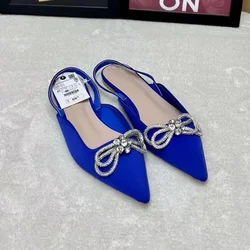 Flat Sandals for Women 2023 Summer Fashion Rhinestone Bow Chain Comfortable Flock Ladies Shoes Casual Close Toe Chaussure Femme