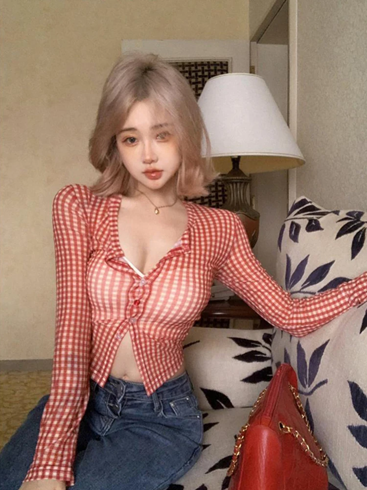 Retro American Red Plaid Shirt Women's Summer Design Short Tight Long Sleeve Mesh Top V-neck Commute Style Button Detail