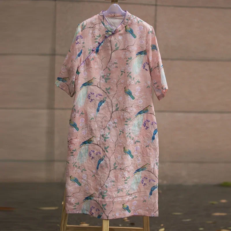 

Johnature Women Ramie Stand Vintage Dresses Half Sleeve Print Birds 2024 Summer New Chinese Style Cheongsam A-Line Dresses