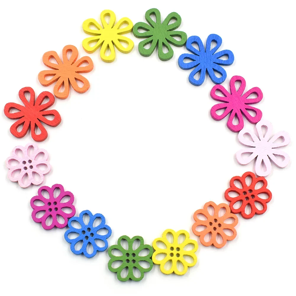 50pcs random mixed colors Flower Shape Wood Buttons  for Handwork Sewing DIY Clothing Crafts Accessories Gift Card Decor