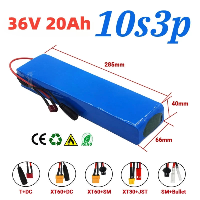 36V 20Ah 18650 Rechargeable Lithium Battery Pack 10S3P 1000W with BMS for Bicycle Scooter Battery Pack+Charger