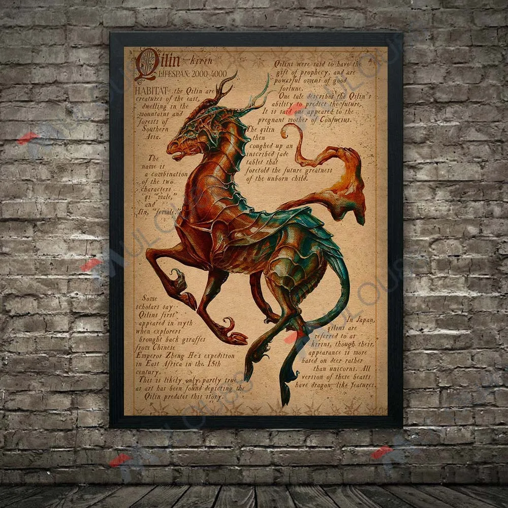 Qilin,Griffin,Pegasus,Unicorn,Pegasus,Vintage Wall Art Canvas Painting Mythical Creature Knowledge Art Poster Print Home Decor