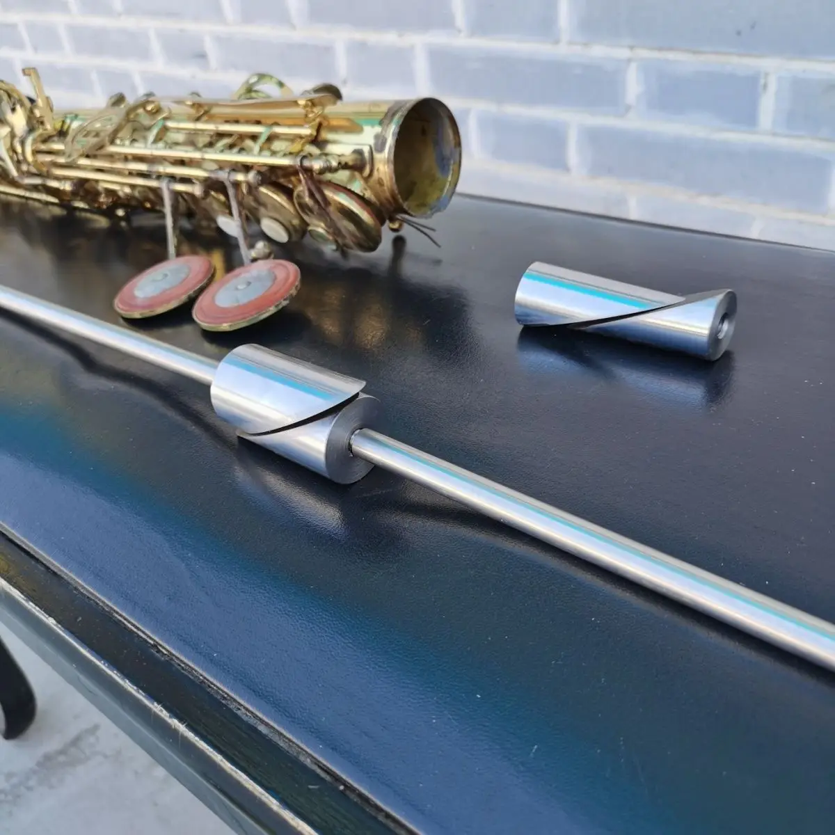 Copper woodwind instrument repair tool, saxophone sheet metal tool, supervisor, concave top circular artifact