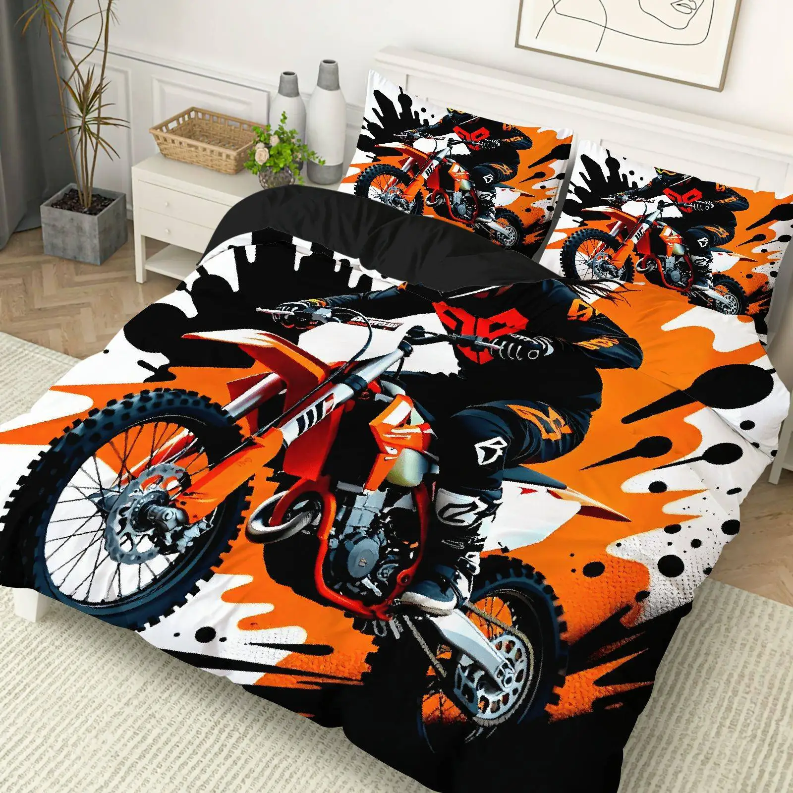 Orange Motocross Bedding Set Dynamic 3D Print Duvet Cover Pillowcase Soft Touch Fade-Resistant For Boys Bedroom Decor