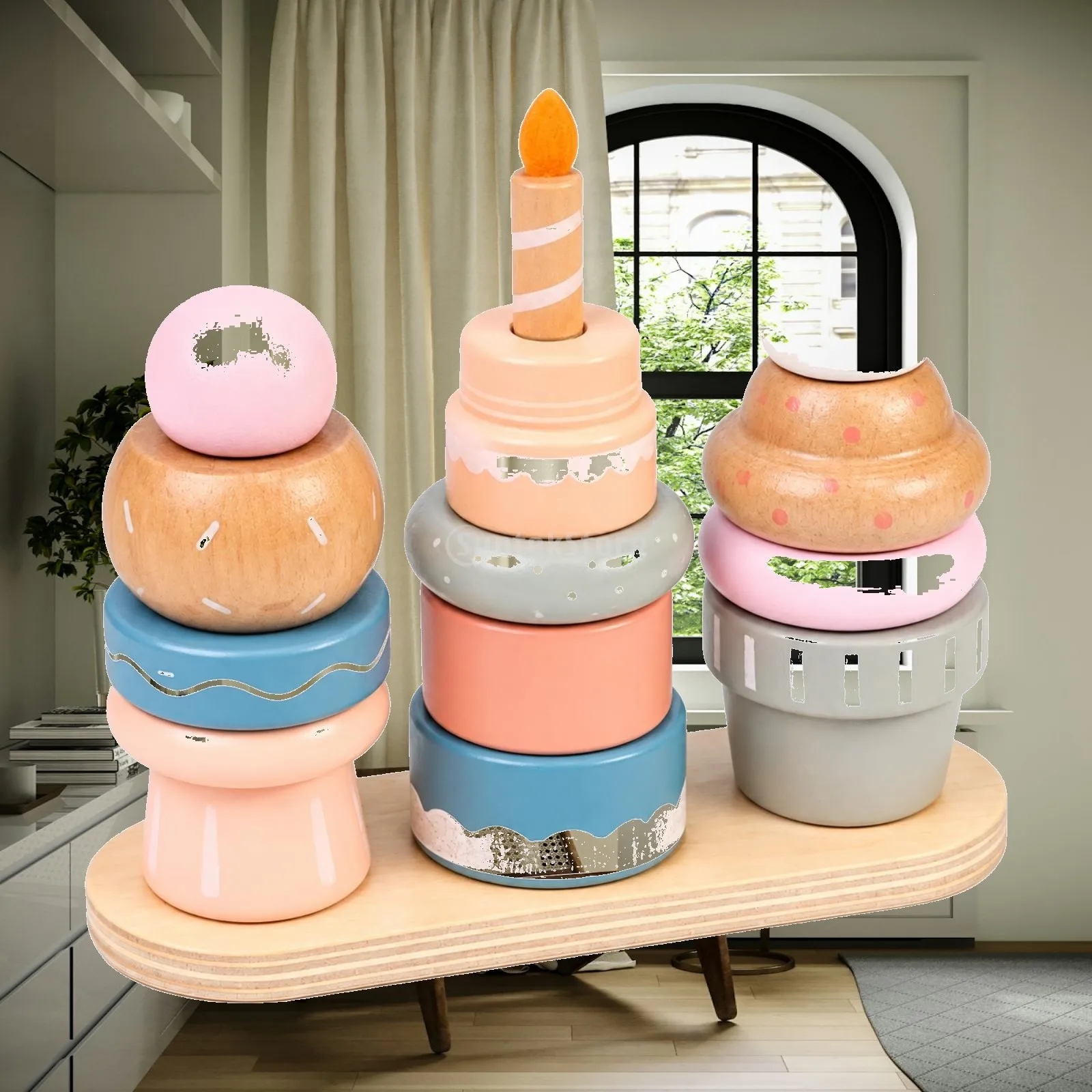 Stacking Toy with Wooden Base Stackable Wooden Dessert Stacking Toy Fine Motor Color Matching for Children, Playtime