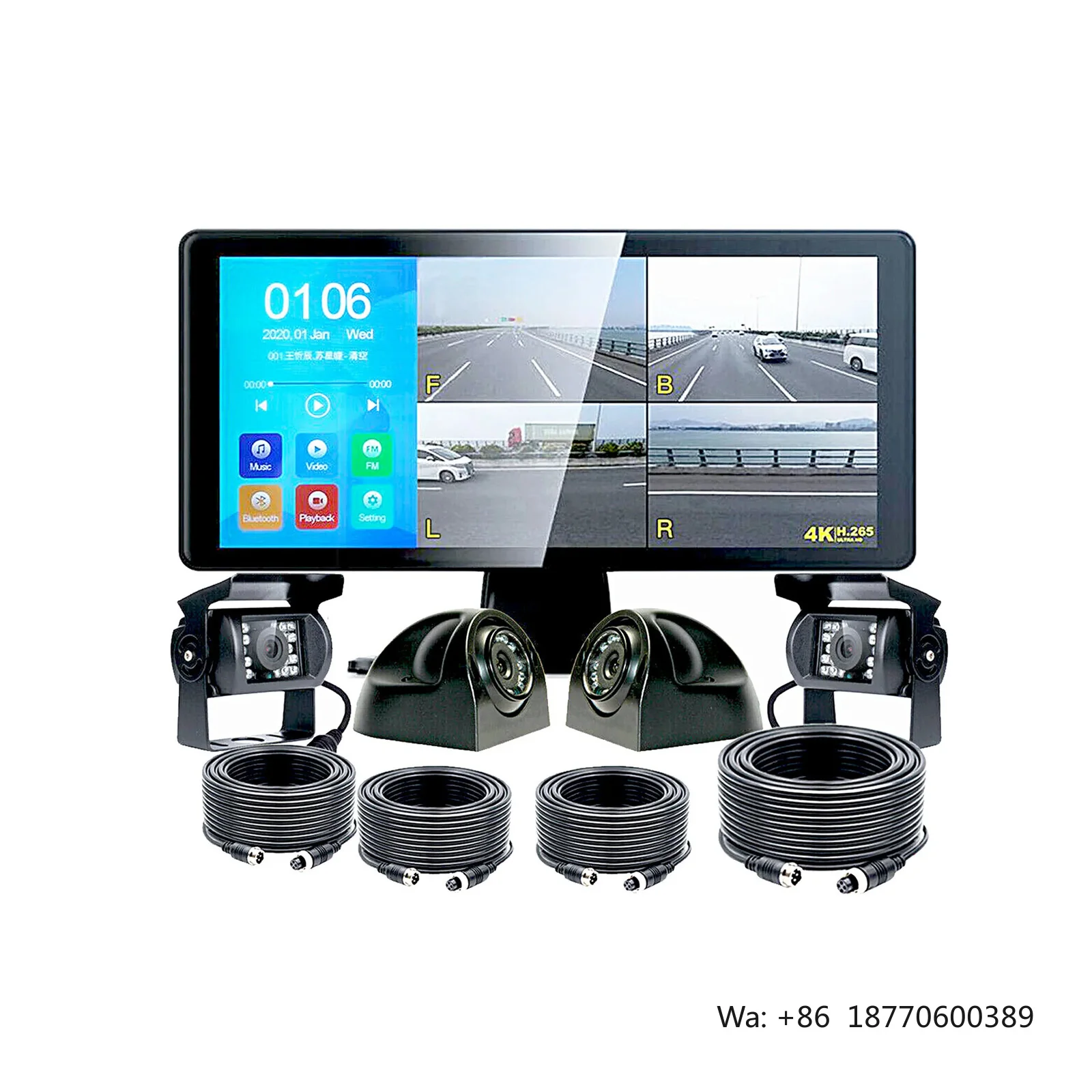 10.36 Inch Quad Screen Monitor Set 4pcs Backup HD Cameras Truck 360 Panorama Parking DVR System Waterproof Reverse Camera for RV