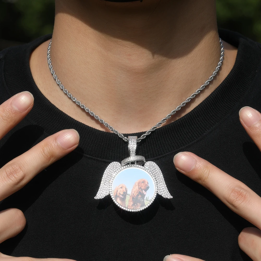 

Uwin на заказ круглые крылья ангела фото кулон ожерелье Iced Out CZ DIY памятные медальоны хип-хоп ювелирные изделия подарок