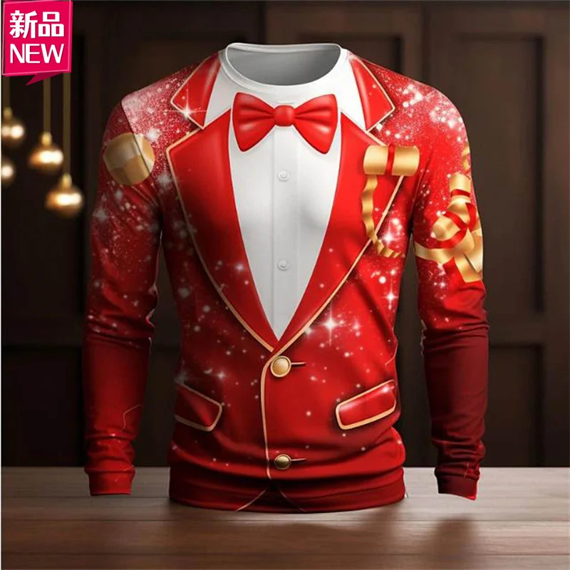 3D Printing Happy Christmas Long Sleeve T Shirt Suit Lapels Christmas Cosplay Graphic  Long Sleeve Crew Neck Shirt Mens Clothing