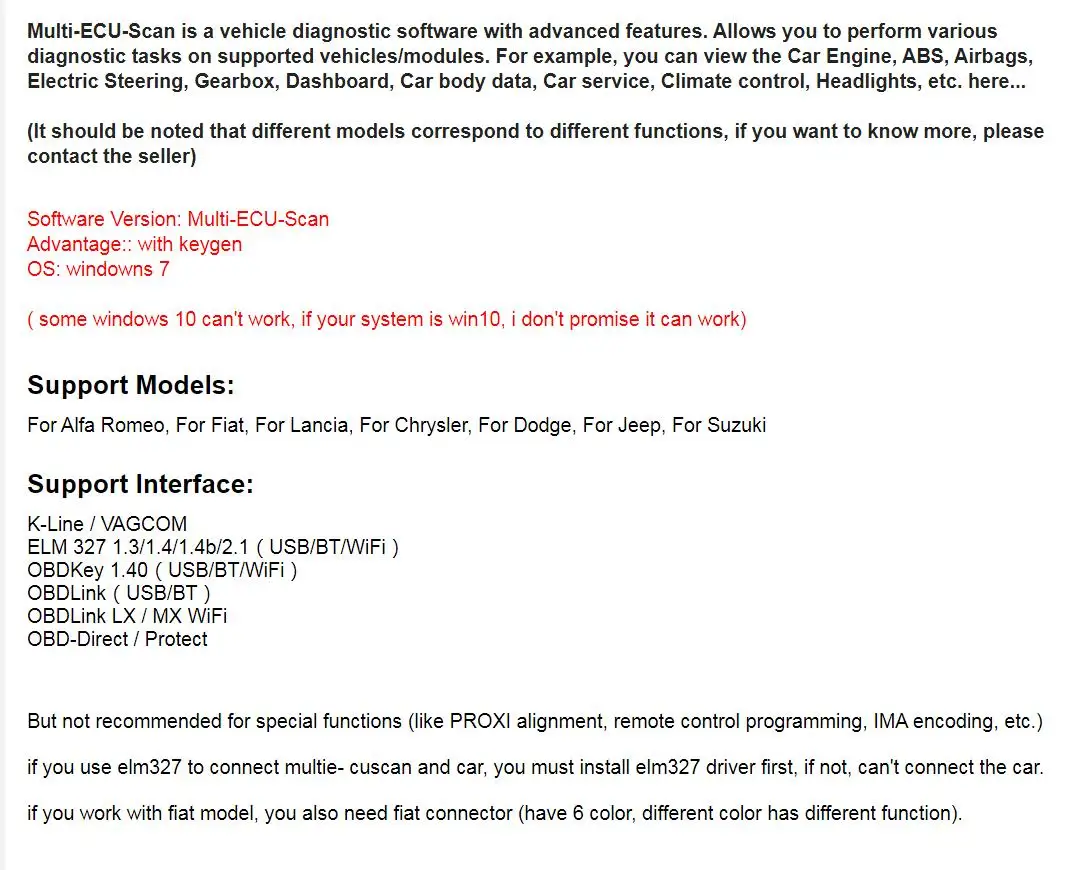 2023 New Multiecuscan V4.8 For Fiat/Chrysler/Dodge/Jeep/Suzuki Scanner Software 4.8 Work With ELM327 / OBD II Diagnostic Tool