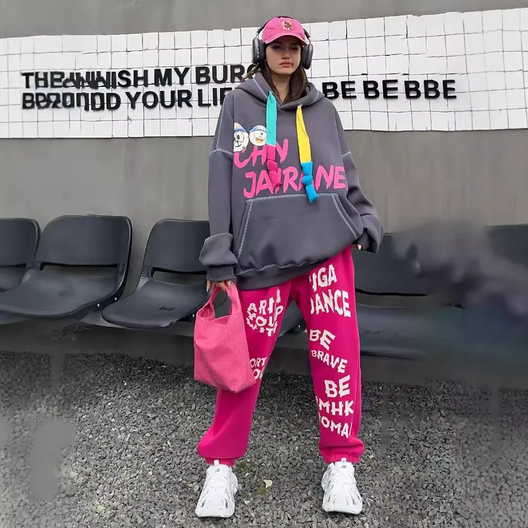 Winter Fleece Thickened Fashion Casual Sports Suit Graffiti Hooded Sweatshirts and Sweatpants Two-piece Sets Womens Outfits