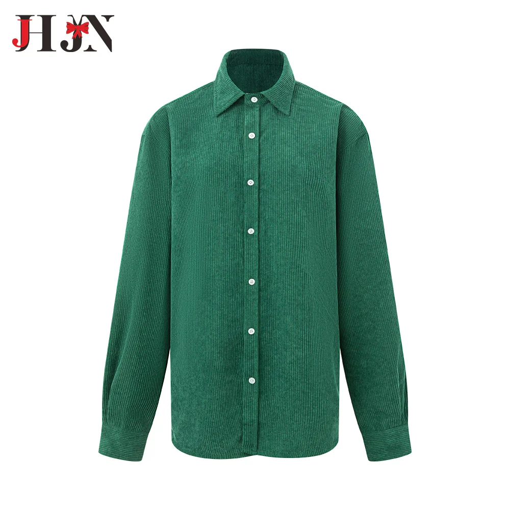 Green Corduroy Women Shirt Single Breasted Outerwear Casual Tops Long Sleeves Lapel Blouse Fashion Regulai Fit Female Clothing