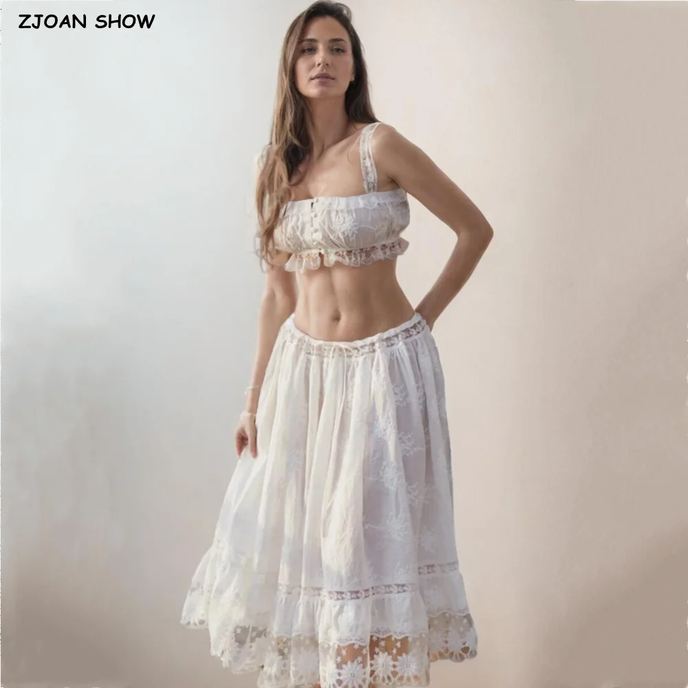 2 Pieces 1 Set BOHO White Spliced Lace Strap Open Buttons Tank Top + Drawstring Rope Lacing Up Waist Embroidery Swing Long Skirt