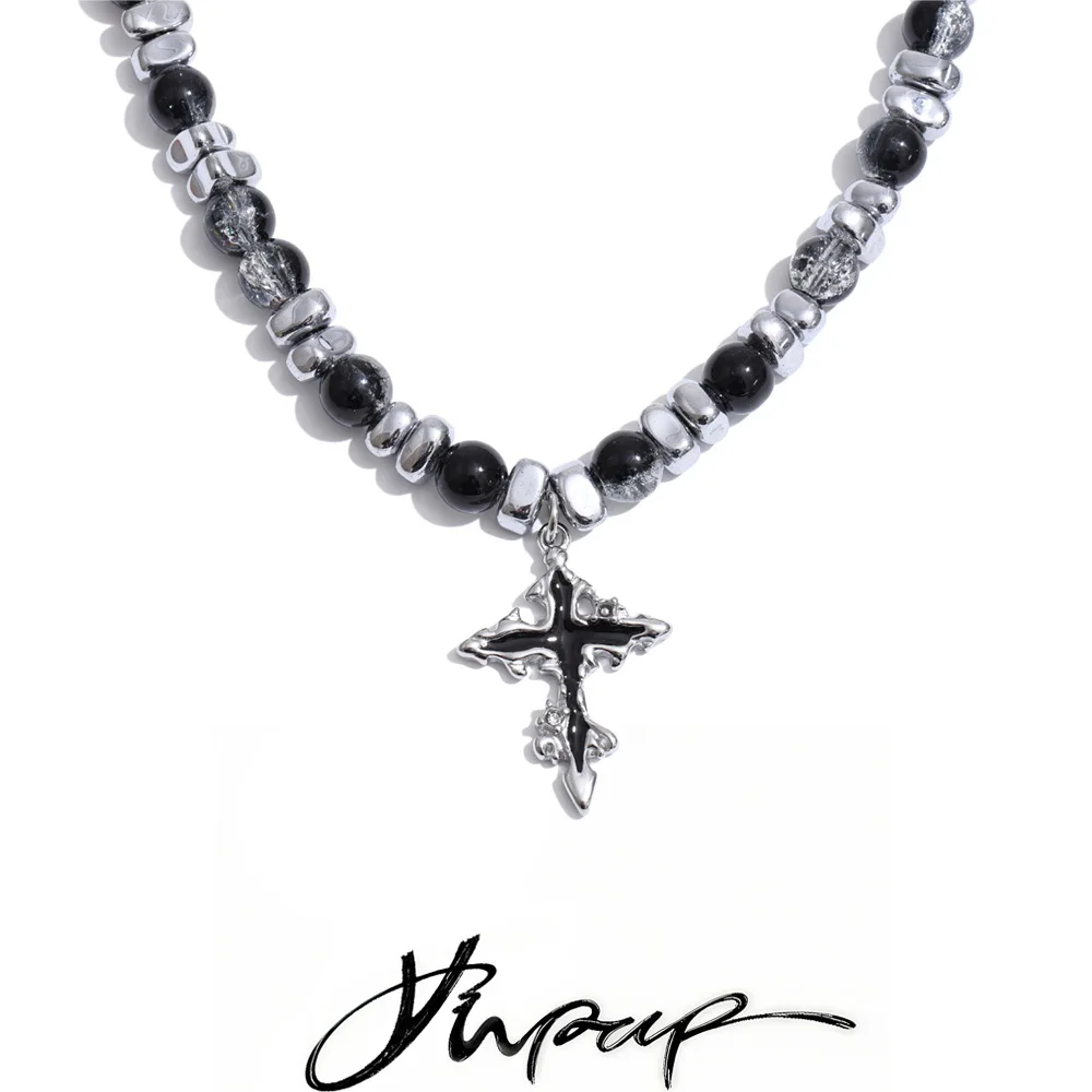 Yhpup Stainless Steel Natural Stone Beads Chain Cross Drop Classic Necklace Men Statement Vintage Handmade 2026 Jewelry