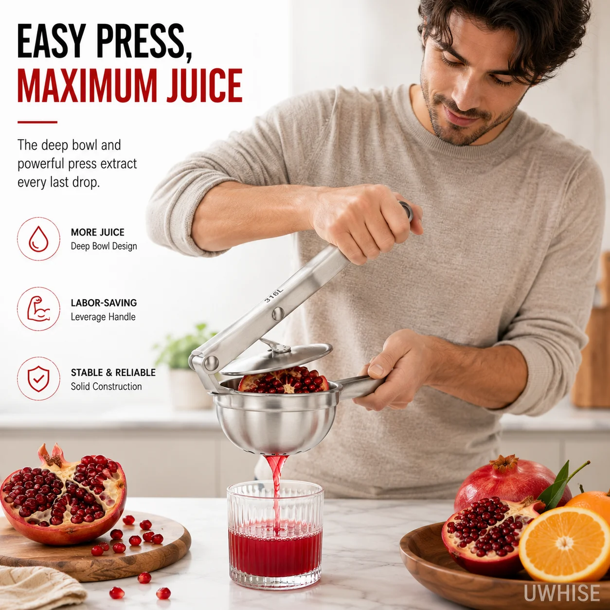 Uwhise 316L Stainless Steel Lemon Squeezer Deep Bowl Hand Press Citrus Juicer Dishwasher Safe Fruit Extractor Kitchen Tool view 5
